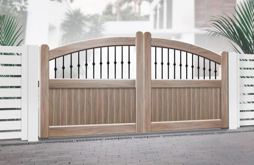 Wood Effect Aluminium Curved Double Swing Driveway Gate