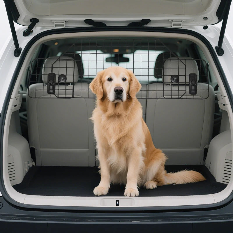 Adjustable Dog Guard for Cars - Metal Mesh Boot Barrier & Pet Headrest, 90-120W x 40.5H cm