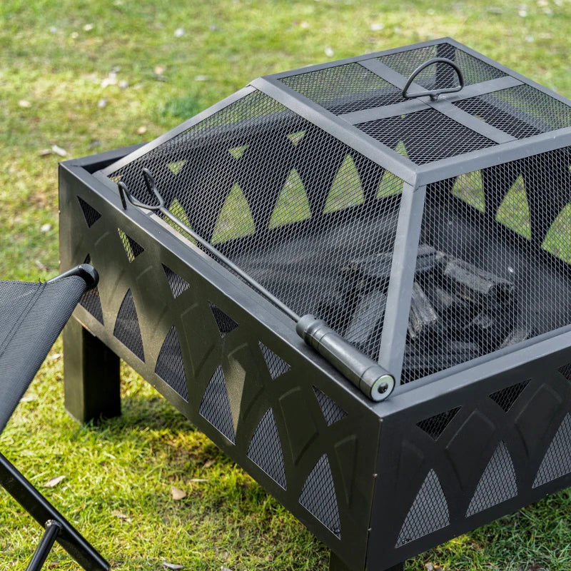 66cm Black Outdoor Fire Pit with Screen Cover & Poker - Wood Burning Firepit Bowl for Patio & Backyard