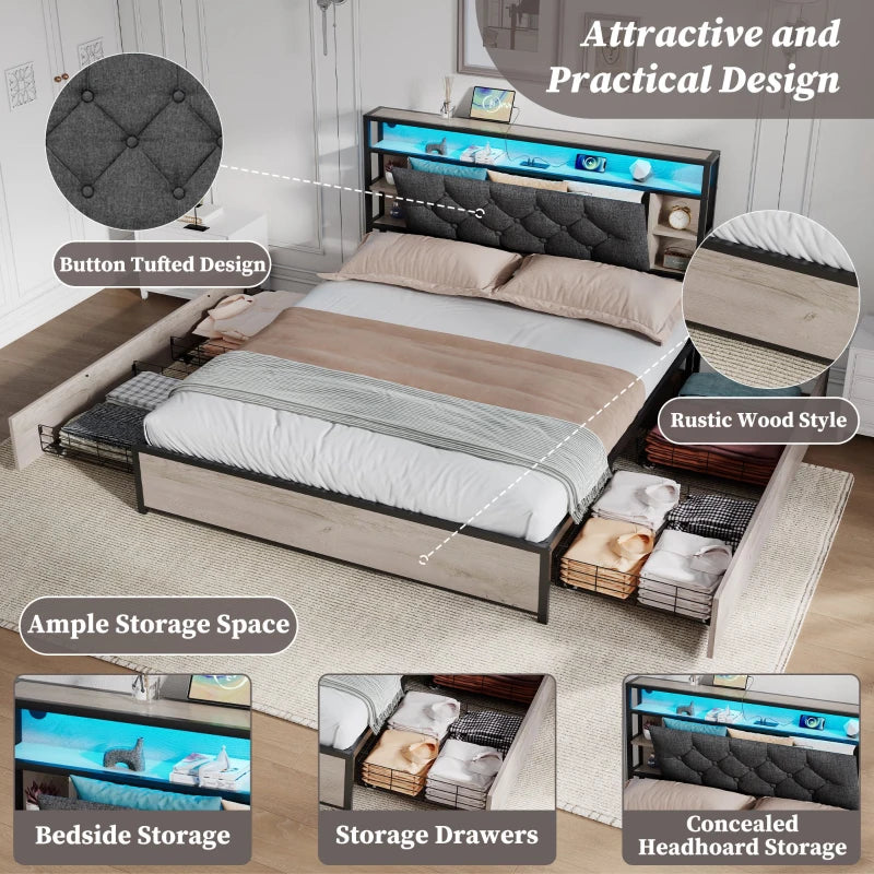 Double Bed Frame with Storage Drawers & RGB LED Lights, USB Ports, Grey & Rustic Brown, 207x138x101 cm