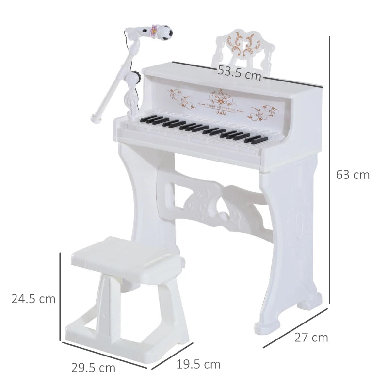 Kids Mini Piano Keyboard Set - Light-Up Electronic Grand Piano Toy with Stool, Microphone & Music Stand - Educational Musical Instrument (White)