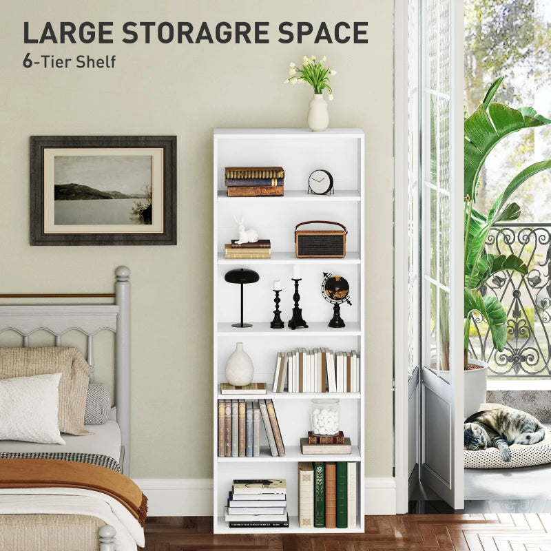 Modern White Six Shelf Bookcase - Stylish Storage Solution for Home or Office, Perfect for Organizing Books and Decor