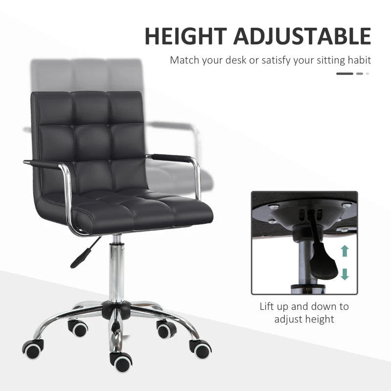 Vinsetto Black Makeup Vanity Chair - PU Leather Mid Back Office Chair with Adjustable Height, Armrests & Rolling Wheels