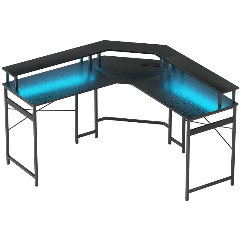 L-Shaped Black Work Desk with LED Lights - Modern Home Office Furniture for Efficient Workspace Organization