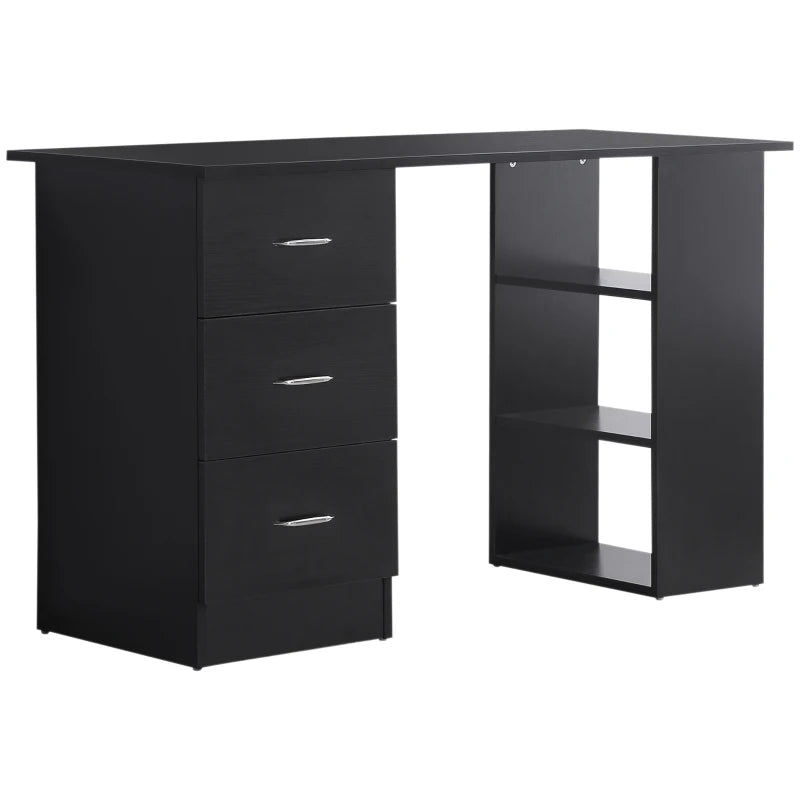 Modern Black Computer Desk with 3 Storage Shelves & Drawers, Stylish Writing Table for Home Office, Silver Handle Workstation