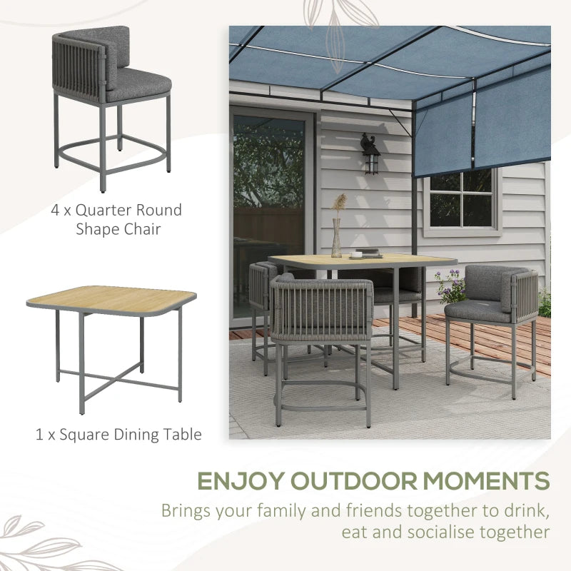 5-Piece Grey Rattan Dining Set with Cushions and Stone Composite Board Top