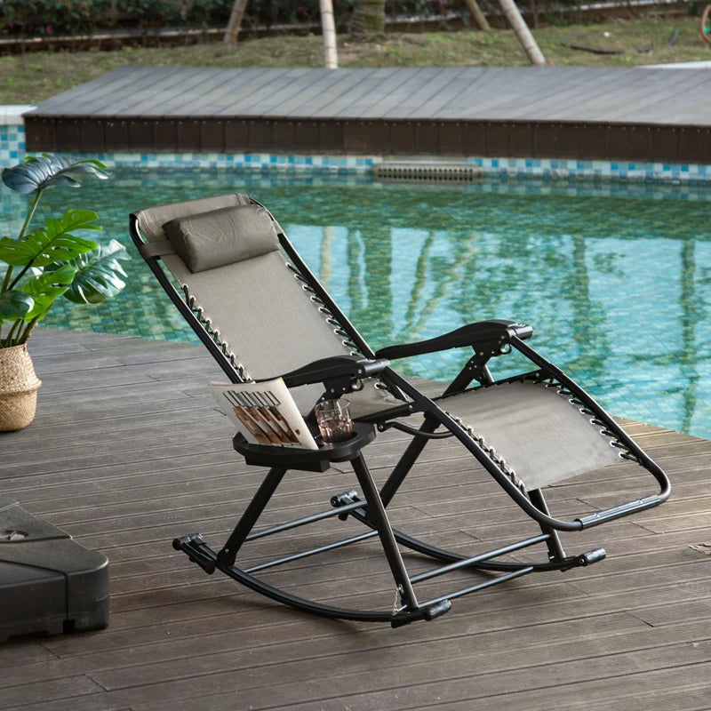 Grey Folding Rocking Sun Lounger Chair with Headrest and Side Holder