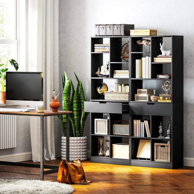 Tall Black Bookshelf with Drawer - Freestanding Bookcase for Bedroom, Living Room & Home Office Storage Solution