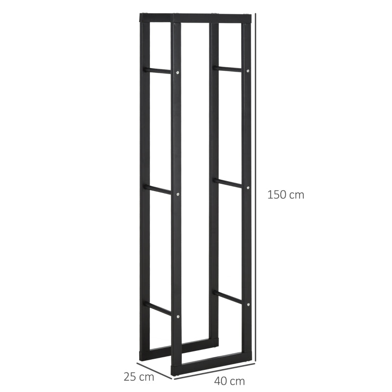 Tall Metal Firewood Log Holder Rack - Indoor Outdoor Fireplace Wood Storage Shelf, Rust-Resistant, Black, 40W x 25D x 150H cm
