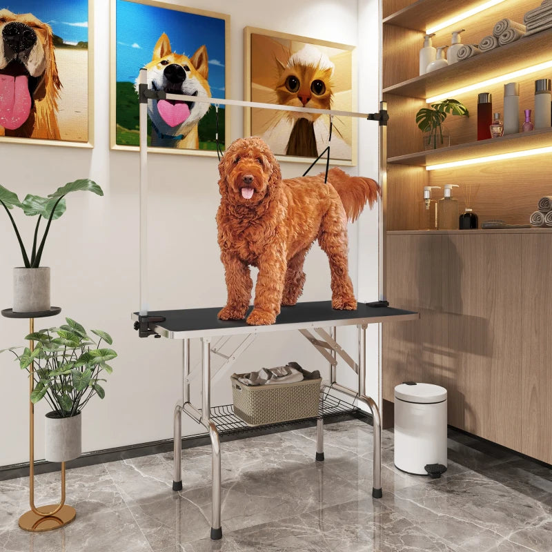 42" Adjustable Dog Grooming Table with Rubber Top, 2 Loops & Storage Basket - Perfect for Cats & Dogs, Black