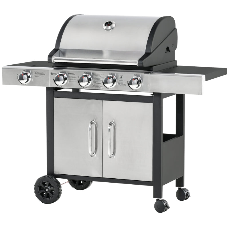 Stainless Steel 4+1 Burner Gas BBQ Grill with Smoker, Side Burner, and Storage Cabinet - Black