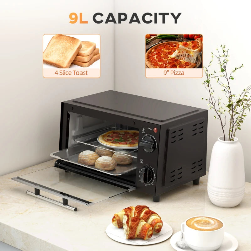 Compact 9L Mini Oven & Electric Grill - Adjustable Temp, Timer, Dishwasher Safe Tray, 750W, Black Countertop Toaster Oven