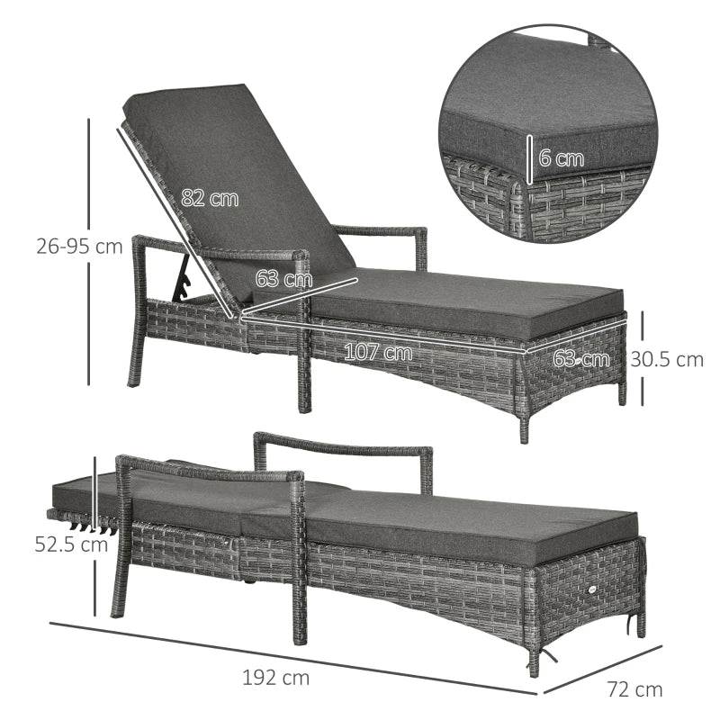Grey Rattan Sun Lounger with Adjustable Backrest & Washable Cushion