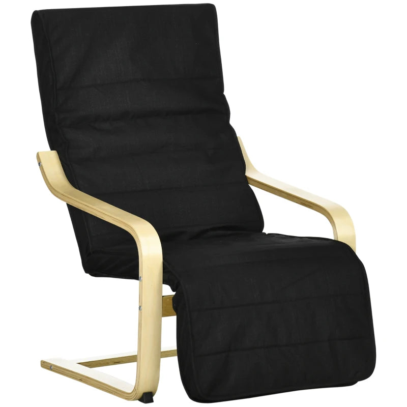 Wooden Reclining Lounge Chair with Adjustable Footrest and Removable Cushion Cover for Deck Relaxation, Black