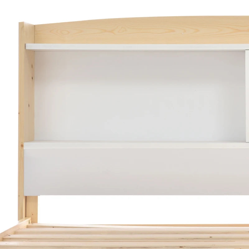 Solid Wooden Single Bed Frame with Storage Headboard - 3FT (90x190 cm), No Box Spring Required, Durable White Design