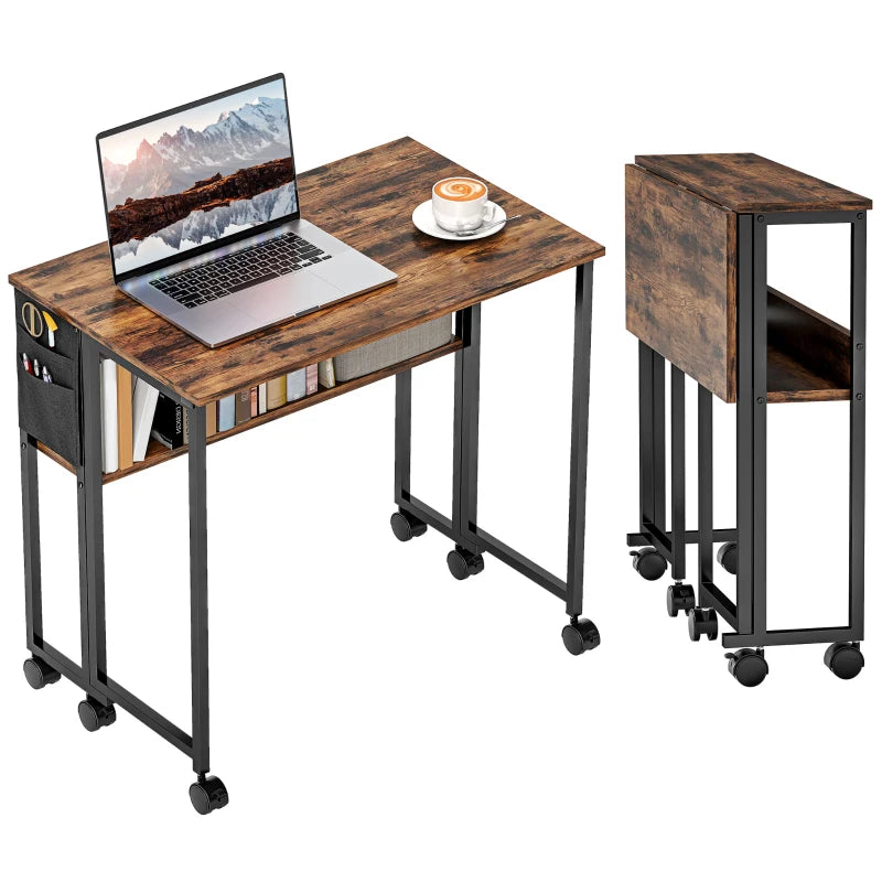 Rustic Brown 80 cm Drop Leaf Writing Desk - Space-Saving Work Table for Home Office, Modern Design, Versatile Use