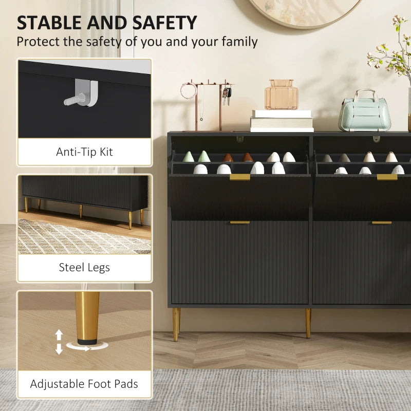 Narrow Black Shoe Cabinet with 4 Flip Drawers for Space Saving Storage