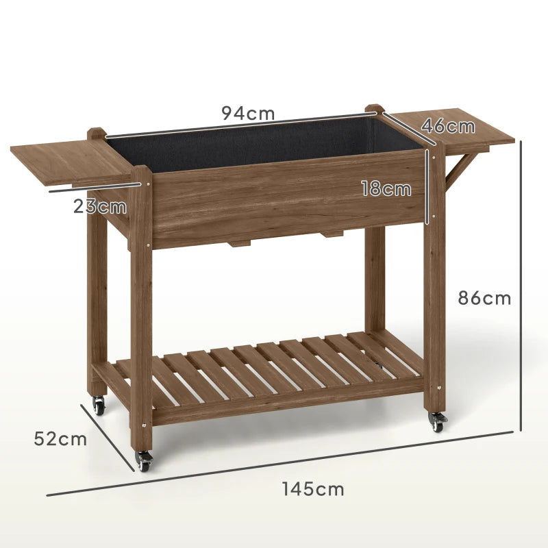 Wooden Elevated Planter Box with Lockable Wheels, Side Tables, and Bottom Shelf - Carbonised 120cm Garden Bed for Vegetables, Flowers, and Fruits