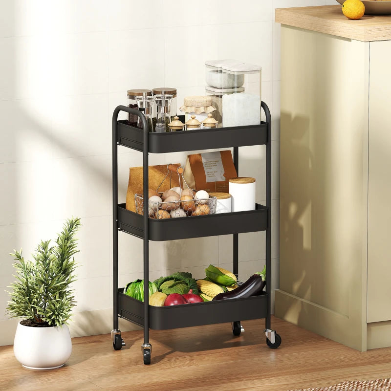 Three-Tier Black Steel Storage Trolley - Versatile Rolling Cart for Kitchen, Office, or Home Organization
