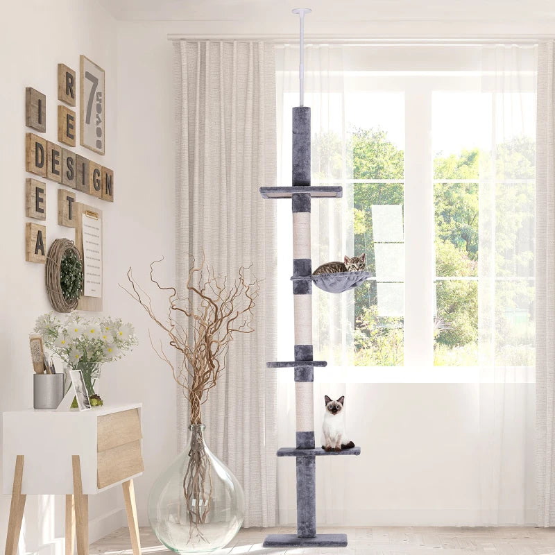 Adjustable 5-Tier Cat Tree 230-260cm - Floor to Ceiling Cat Tower with Scratching Post, Hammock & Perches for Indoor Kittens - Grey