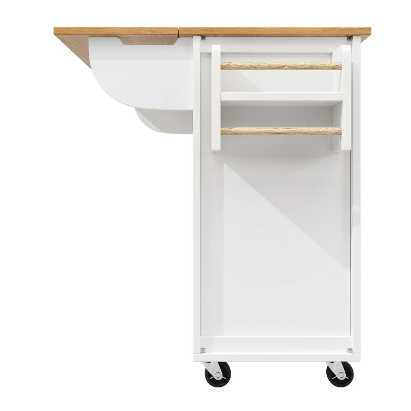 White Kitchen Island Trolley with Folding Worktop, Adjustable Shelves, Wine Rack & Spice Racks - Utility Cart 138L x 73W x 92H cm