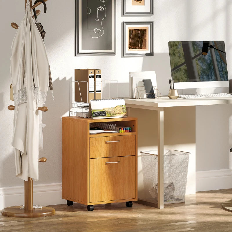 60cm Mobile Filing Cabinet with Drawer & Open Shelf, 4 Wheels, Metal Handles - Natural Wood Finish for Office & Home