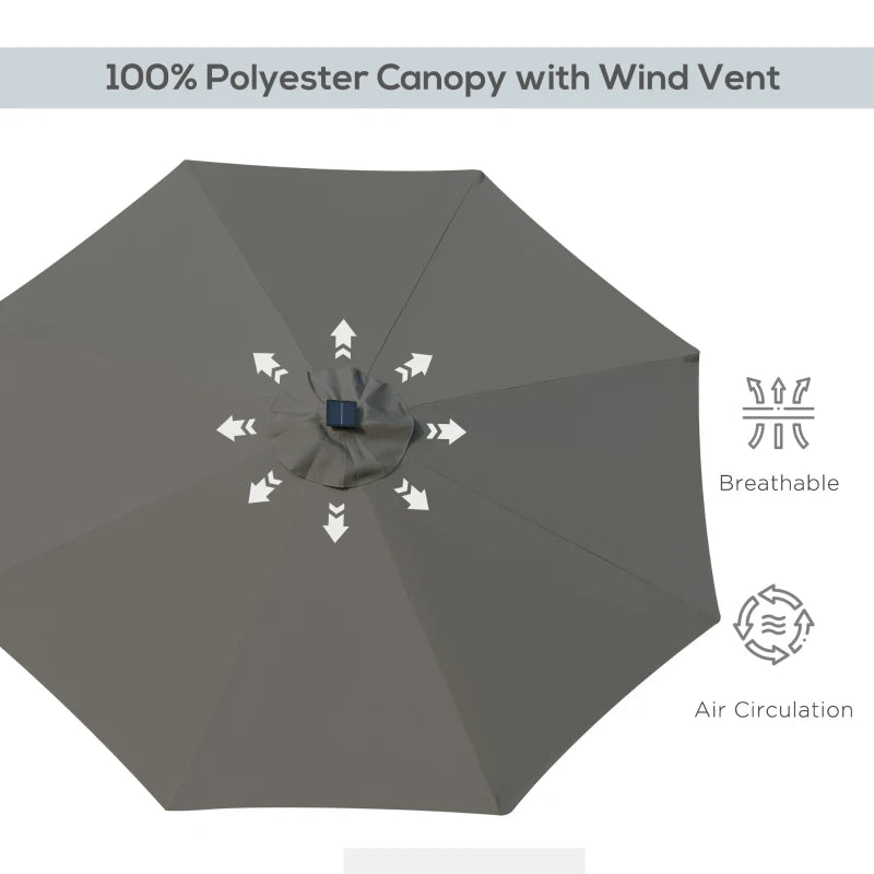 Grey 2.7m Patio Garden Umbrella with Tilt Crank and LED Lights