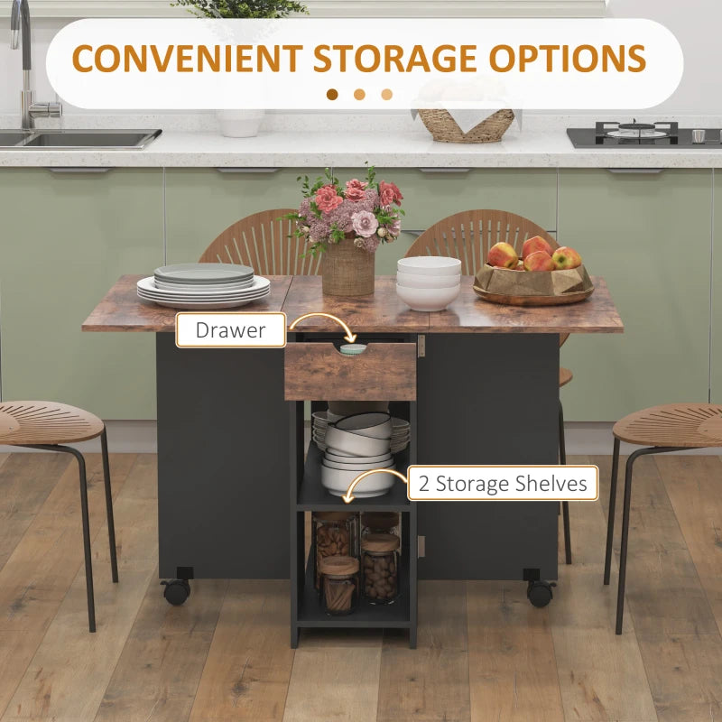 Rustic Brown Folding Dining Table with Drop Leaf, Storage Drawer & Shelves - Perfect for Small Spaces, Kitchen & Dining Room