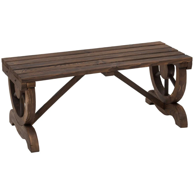 Rustic Brown Wooden Garden Bench with Wheel-Shaped Legs