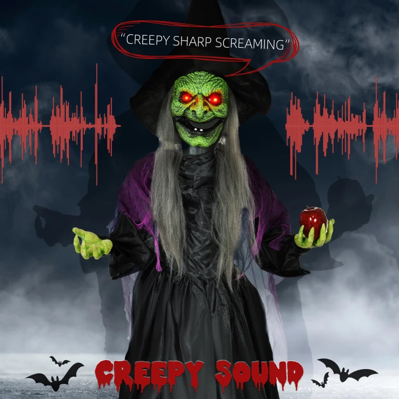 180 cm Life Size Animated Halloween Witch with Glowing LED Eyes - Spooky Battery Operated Standing Decoration