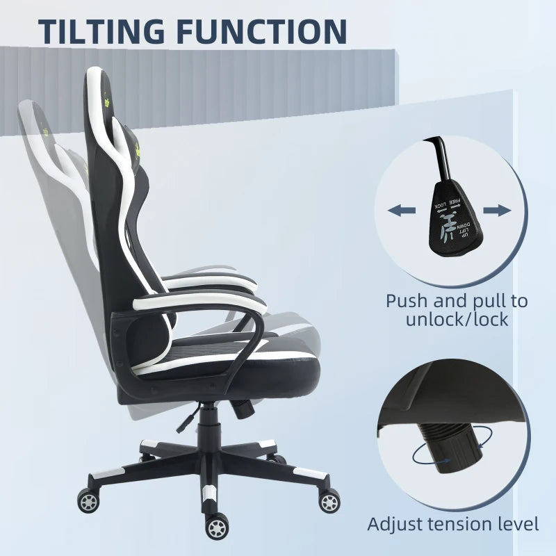 Vinsetto Gaming Chair - Ergonomic Computer Desk Chair with Lumbar Support, Faux Leather, Headrest & Swivel Wheels - Black & White
