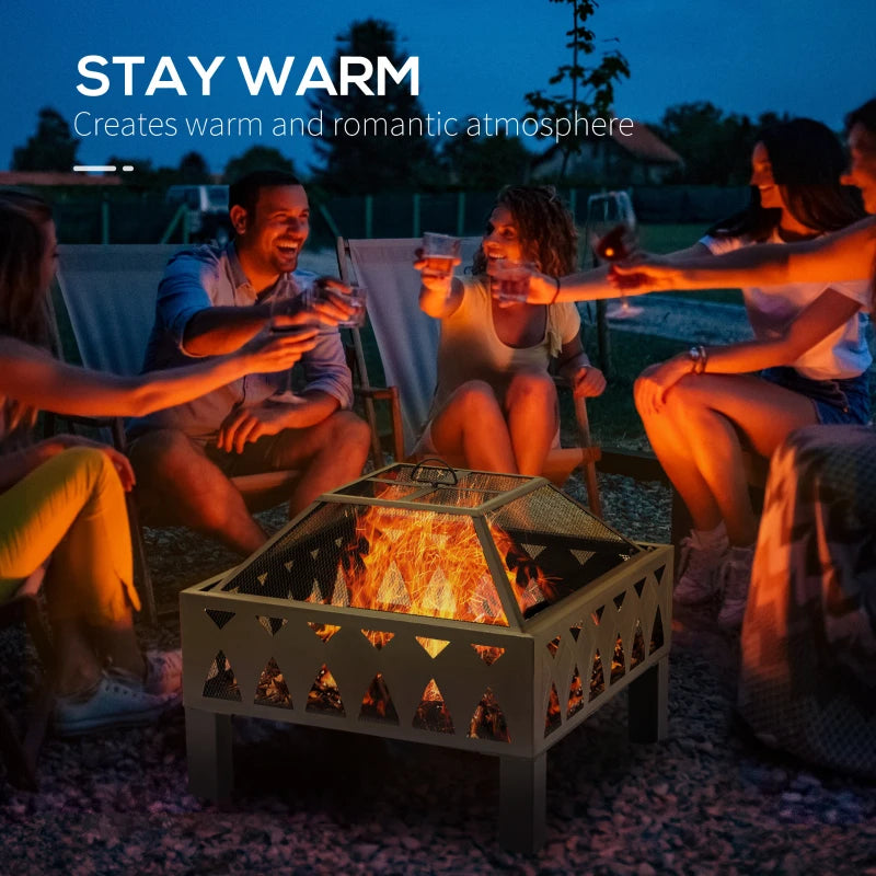 66cm Black Outdoor Fire Pit with Screen Cover & Poker - Wood Burning Firepit Bowl for Patio & Backyard