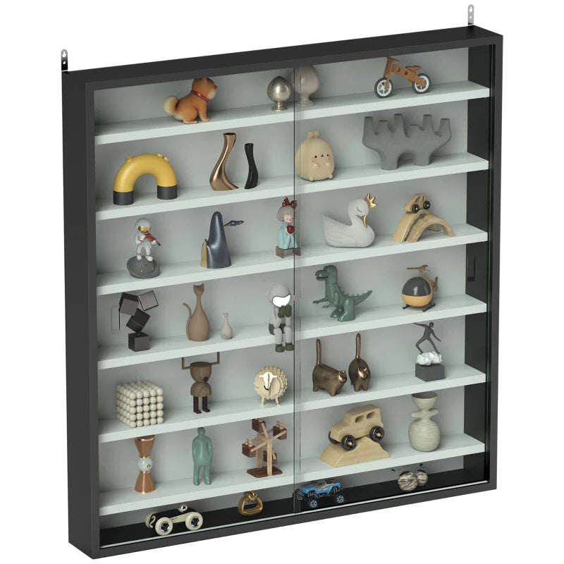 Modern Six Shelf Display Cabinet with Glass Doors - Stylish Black and White Storage Solution for Home or Office