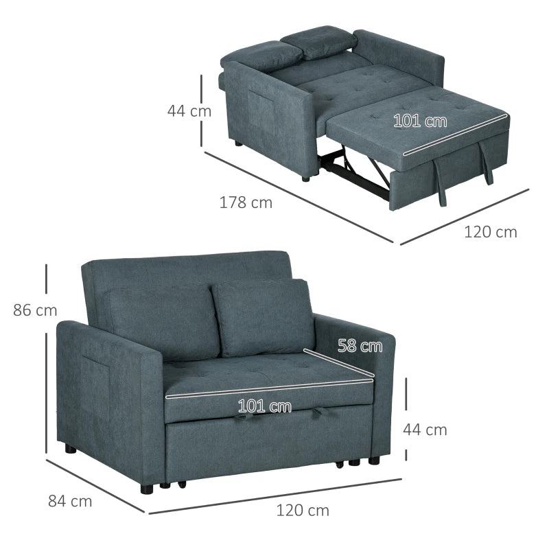 Charcoal Grey Loveseat Sofa Bed with Cushions and Side Pockets for Living Room