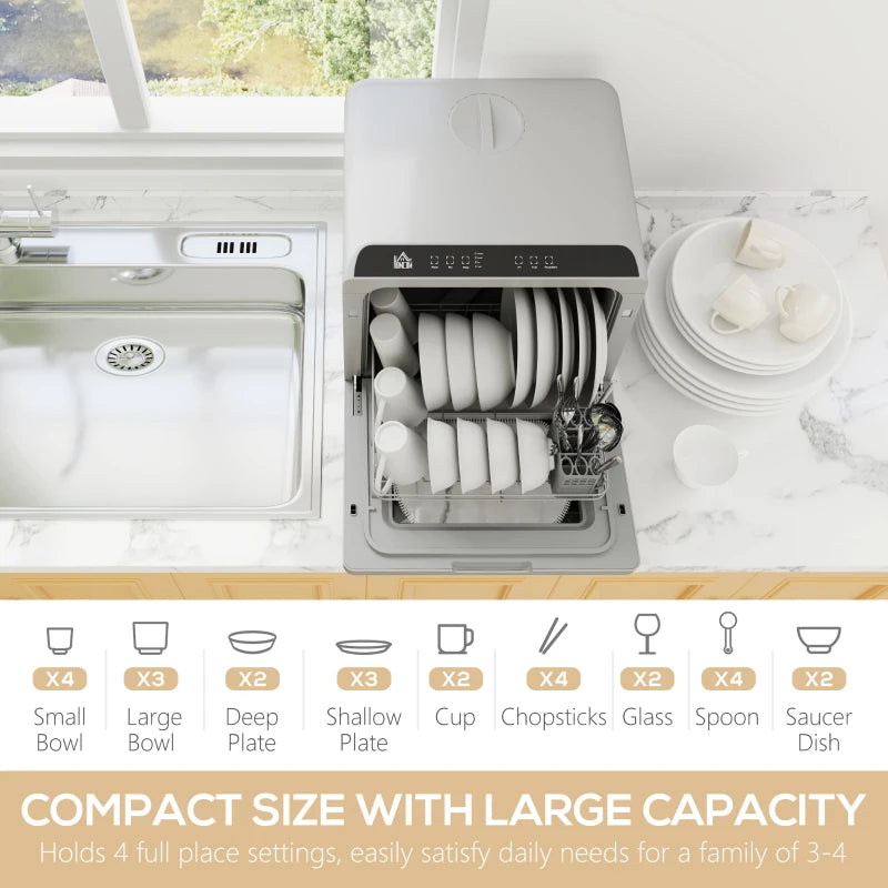 Compact Table Top Dishwasher - Mini Countertop Design, 6L Built-in Water Tank, 6 Wash Programs, 4 Place Settings, Silver Finish