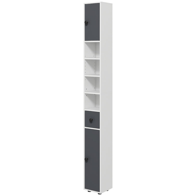 180cm Slim Bathroom Cabinet with Drawer Shelves and Cupboards in Grey