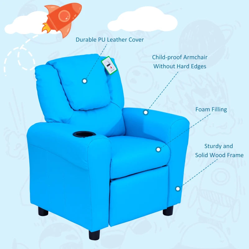 Kids Recliner Chair - Blue PU Leather, Adjustable Backrest & Footrest, Padded Headrest for Comfort - Perfect for Playtime!