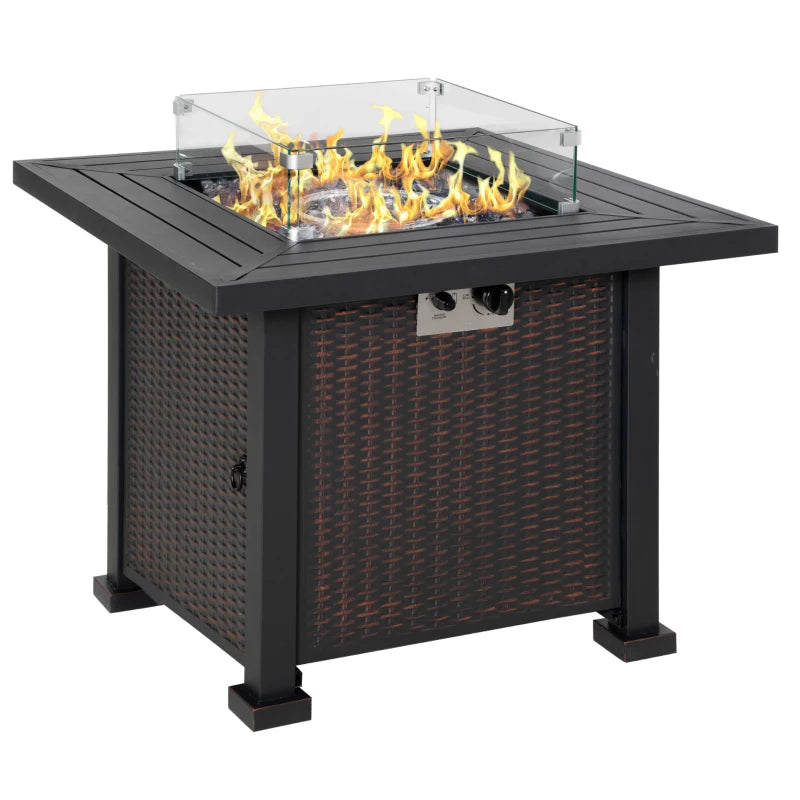 Square Propane Gas Fire Pit Table 50000 BTU - Smokeless Rattan Patio Heater with Glass Screen & Beads, 81cm Black