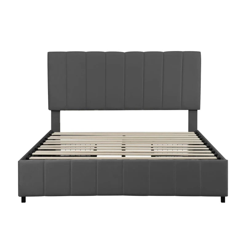 Velvet Double Bed with 4 Storage Drawers & Adjustable Tufted Headboard - Easy Assembly, Grey, 196L x 143W x 108H cm
