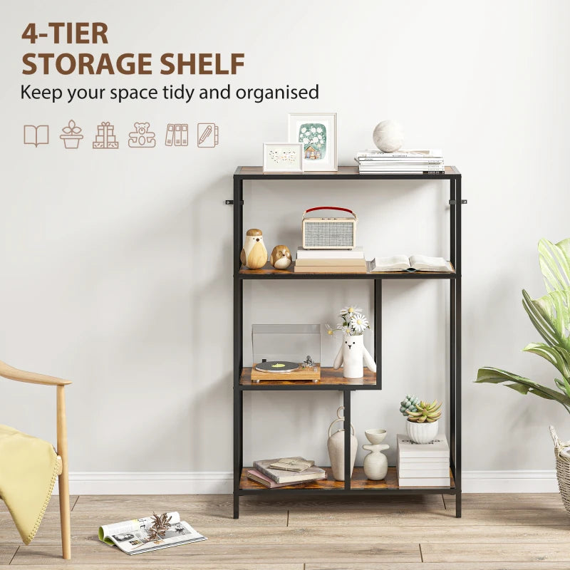 Rustic Brown 4-Tier Bookshelf with Open Shelves - Stylish Storage Solution for Home or Office