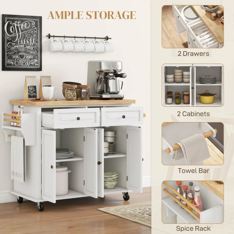 Rolling Kitchen Island Storage Trolley with Rubber Wood Top & Drawers - Cream White Dining Room Cart