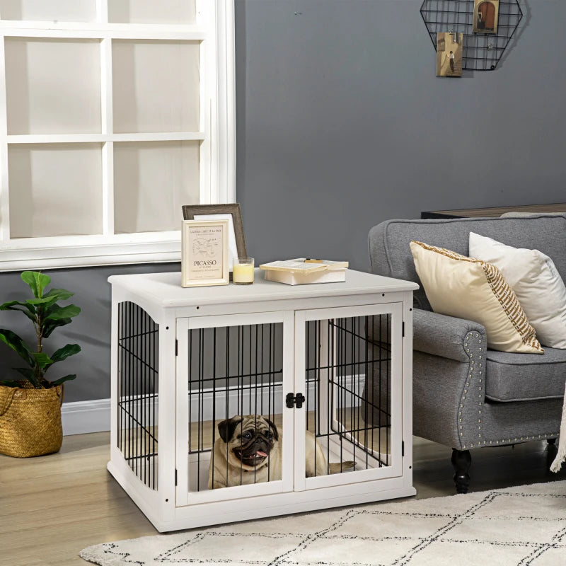 Stylish Dog Crate Furniture - Puppy End Table Kennel with 2 Doors for Medium & Small Dogs, White, 81x58.5x66 cm
