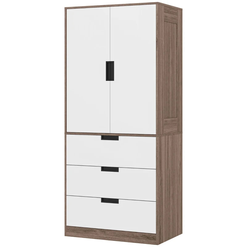 Stylish Two Door Wardrobe with Drawers for Bedroom Storage in White and Brown