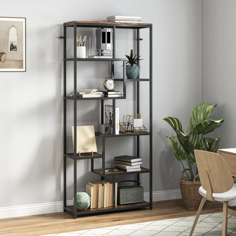 Unique Seven-Tier Geometric Bookcase in Brown and Black - Stylish Storage Solution for Home or Office