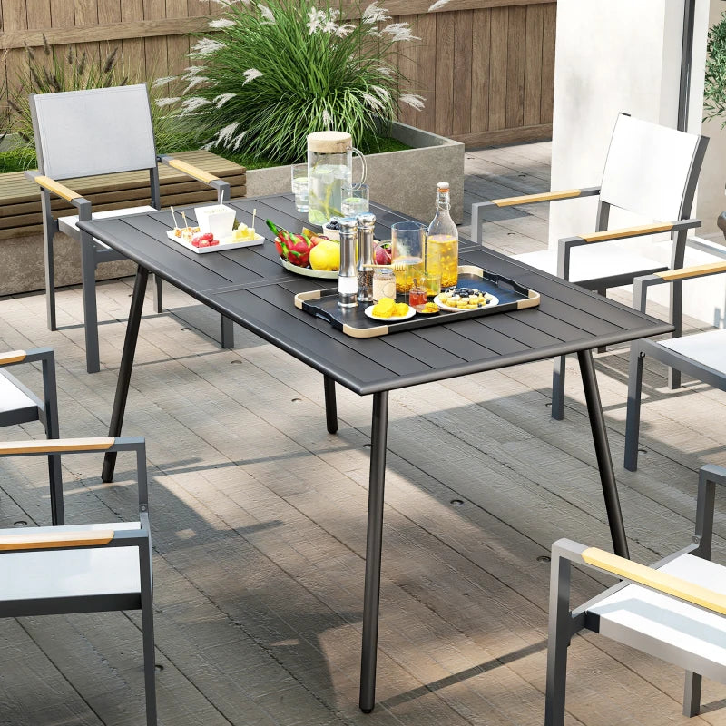 Outdoor Rectangle Garden Table for 6 - Slat Top, Steel Frame, 150x80 cm, Grey