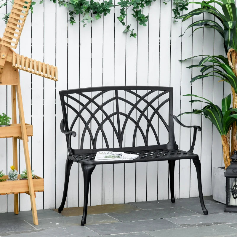 Black Cast Aluminium Garden Loveseat Bench with Decorative Backrest