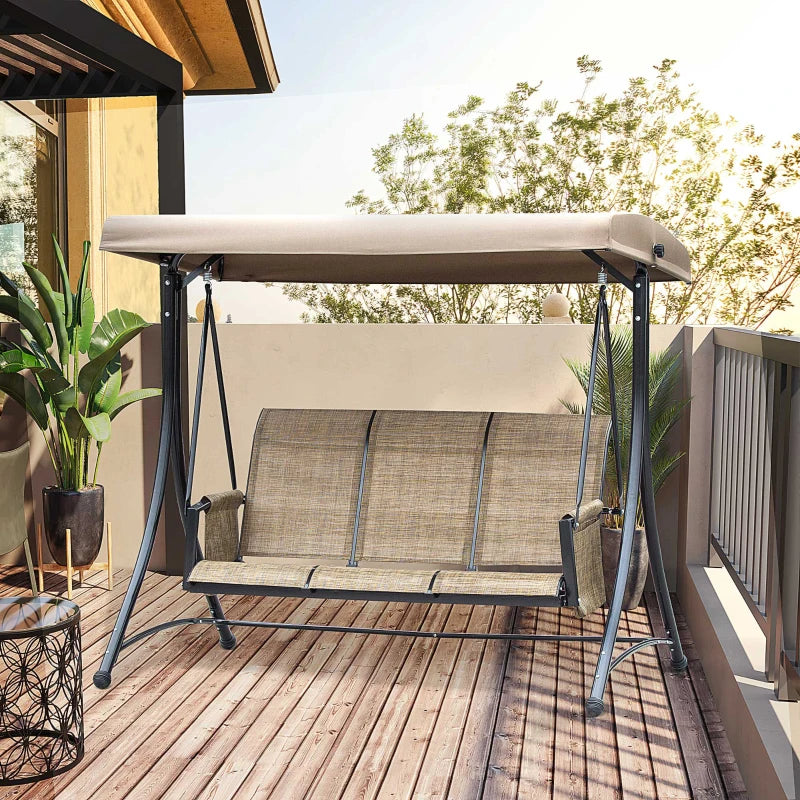 Brown 3-Seater Outdoor Swing Chair with High Back Design and Adjustable Canopy