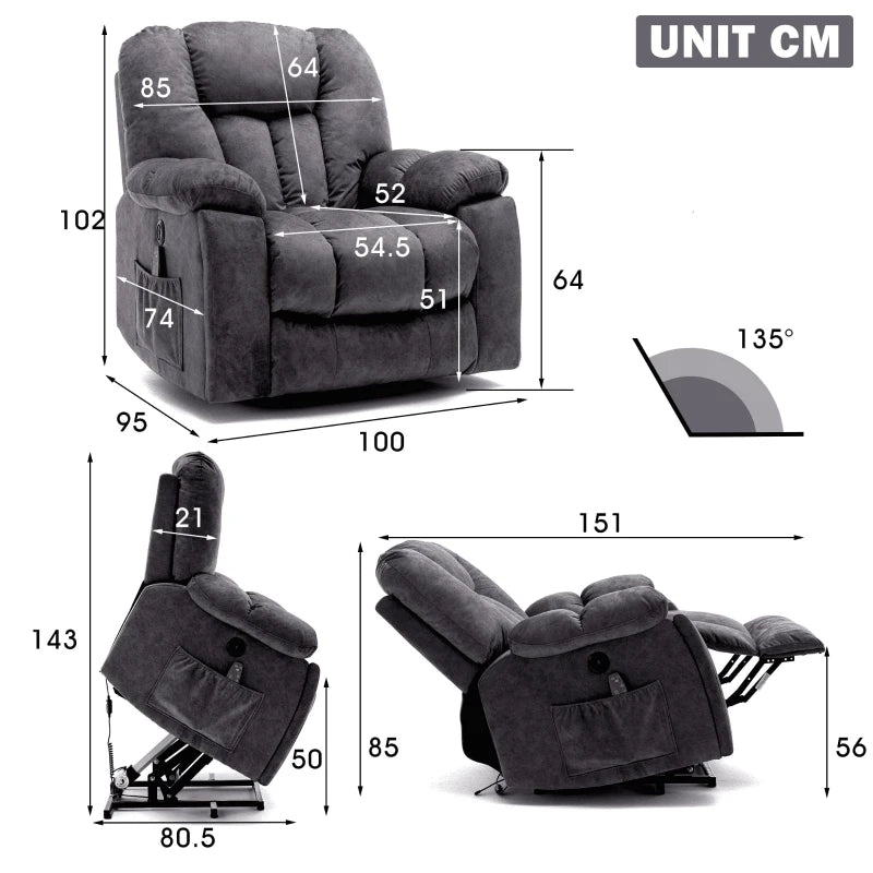 Ergonomic Power Massage Recliner Chair with Heat, Vibration, USB Ports and Safety Mechanism - Dark Grey