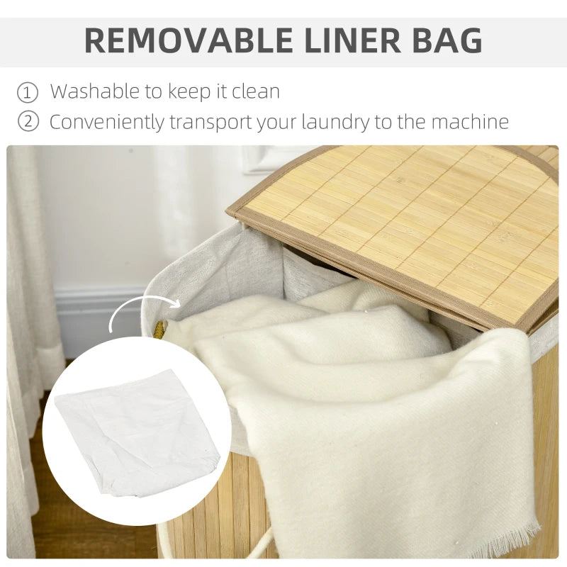 Natural Bamboo Laundry Basket with Lid - 100L Hamper, 2 Sections, Removable Washable Lining, 62.5x37x60.5cm