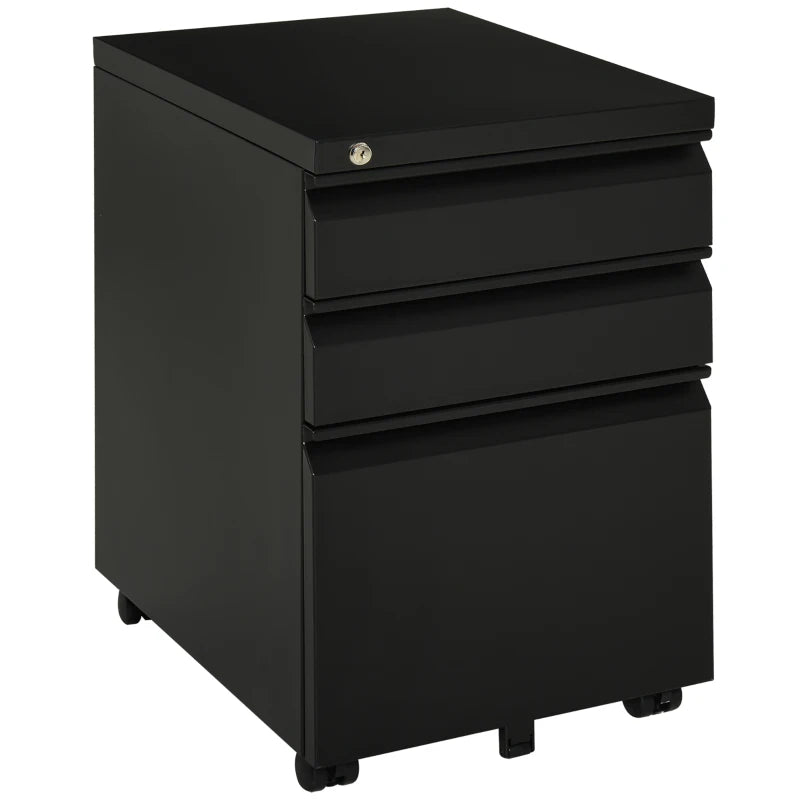 Vinsetto Mobile 3 Drawer Metal Filing Cabinet - Anti-Tilt Design for Letter, A4, Legal Size - Black Office Storage
